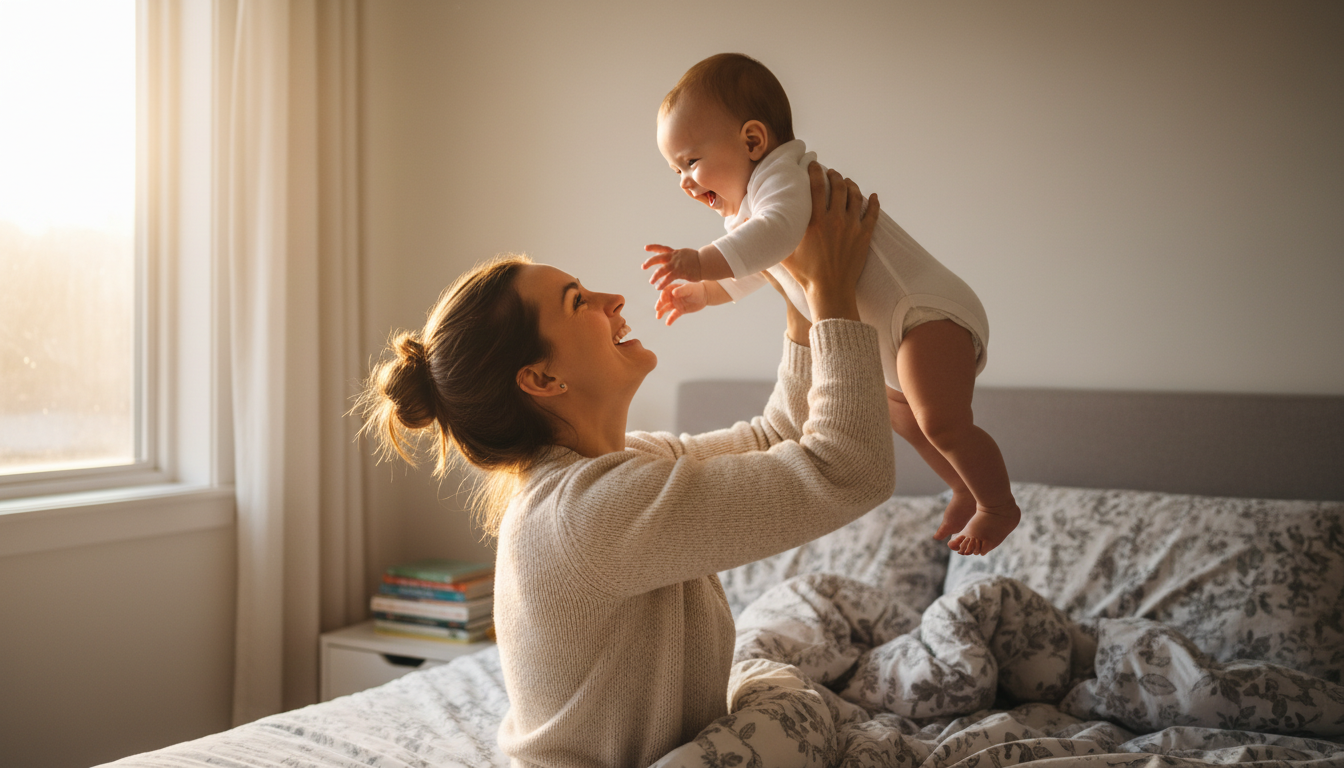 Mutter hebt Baby hoch, glücklich