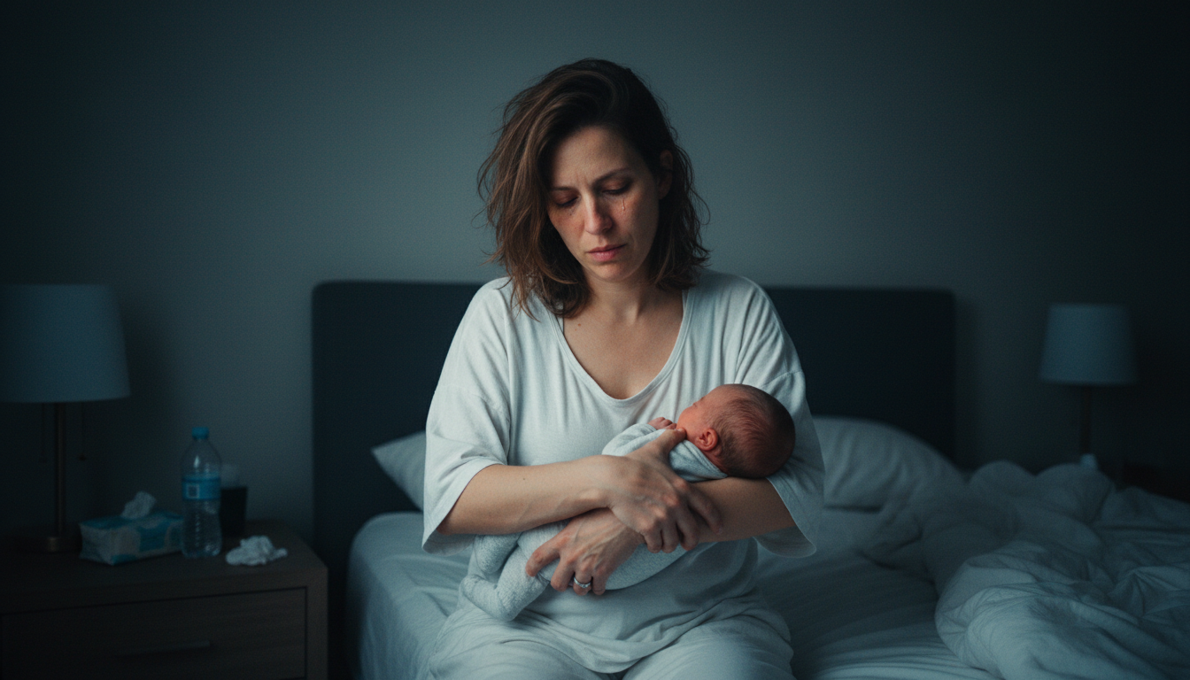 Erschöpfte Mutter nachts mit Neugeborenem