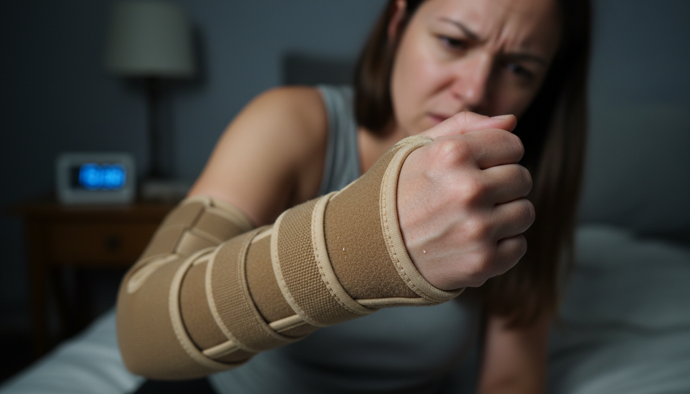 Frustrierte Frau mit Handgelenksschiene